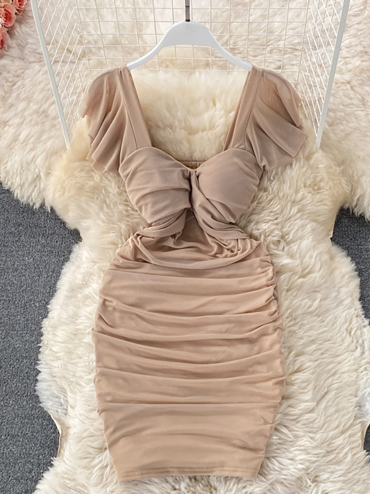 Blue/Khaki/White Sexy Draped Bodycon Dress Women Elegant Square Collar Short Sleeve High Waist Mini Vestidos Party Robe New