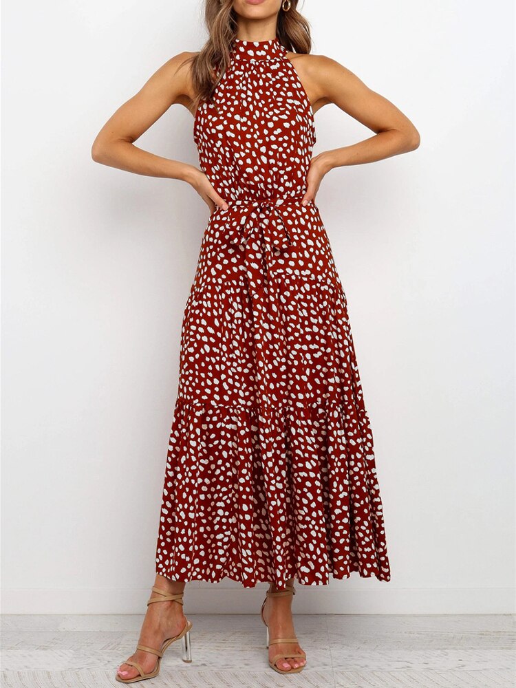Boho Dress Women Summer Sleeveless Bohemian Halter Long Dress Ladies Vacation Holiday Party Beach Maxi Dress Vestidos De Mujer