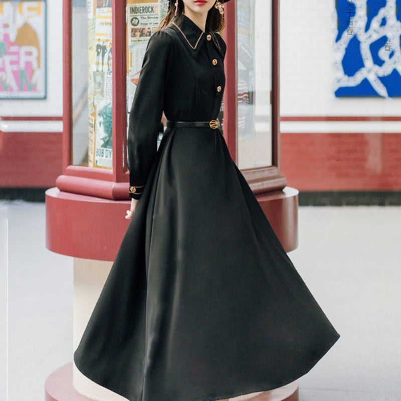 Casual Clothes Long Sleeve Strap Midi Black Vintage Dress