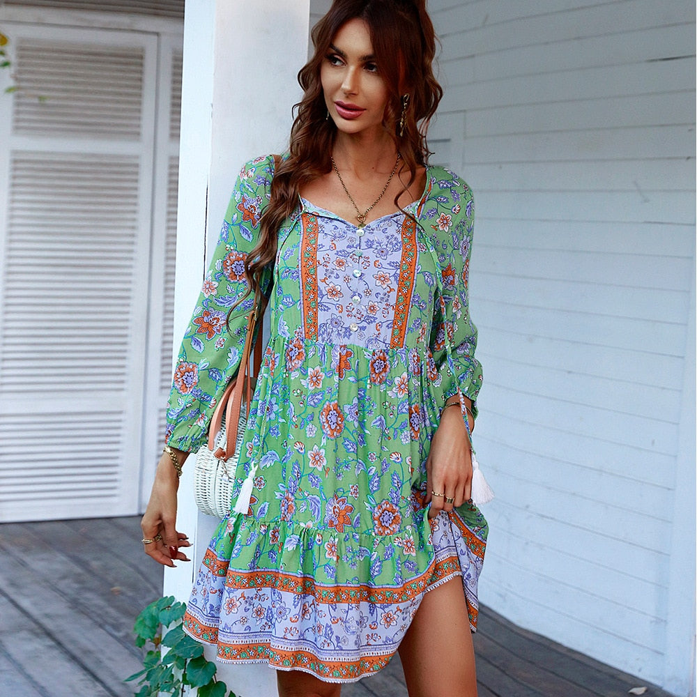Bohe Vintage Floral Print Tassel Loose Summer Dress For Women Casual V-neck Ruffles Mini Dress Female Spring Holiday Party Dress