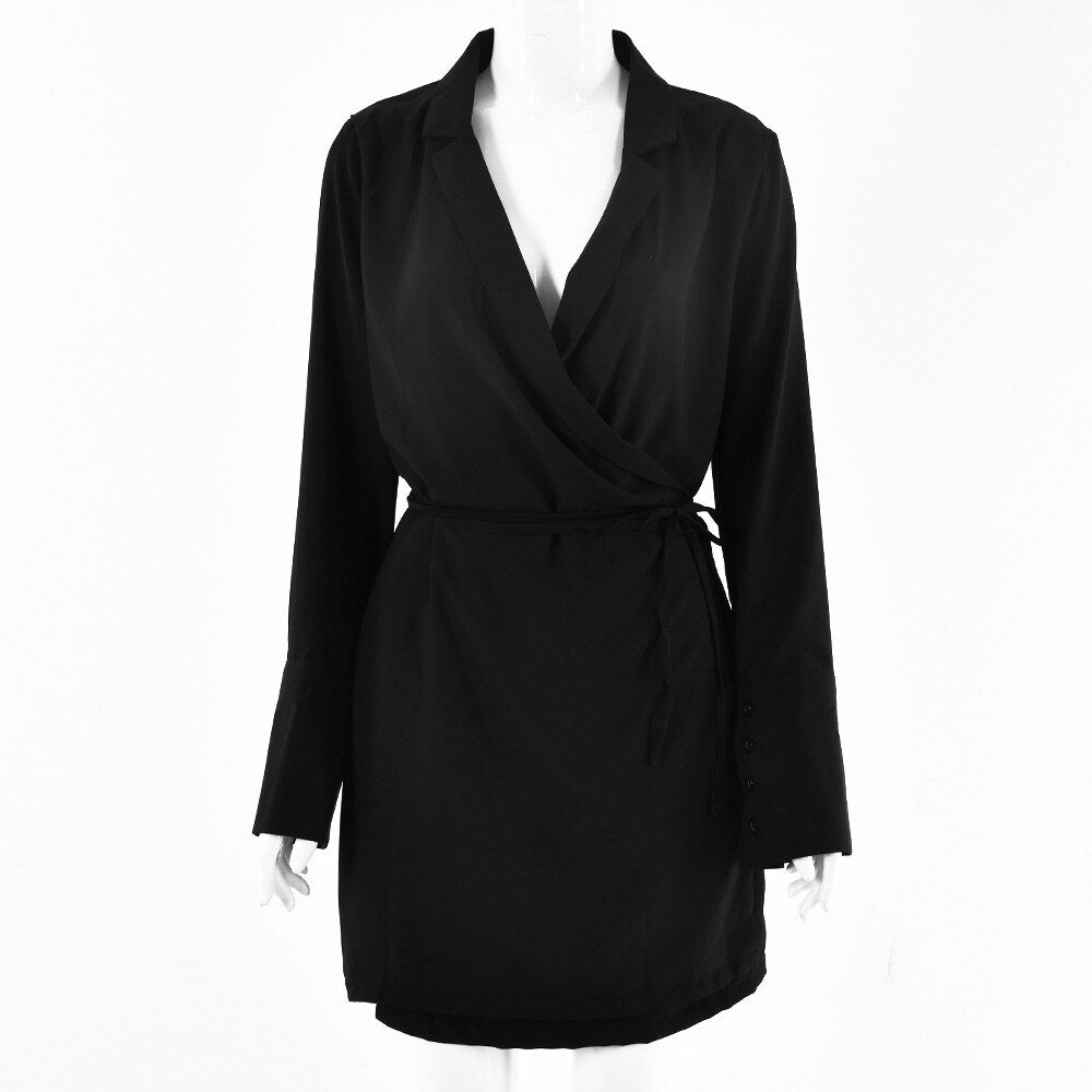 Black Satin V-Neck Shirt Dress Women 2023 Spring Flare Sleeve Lace Up Mini Dresses Elegant Ladies Party Vestidos