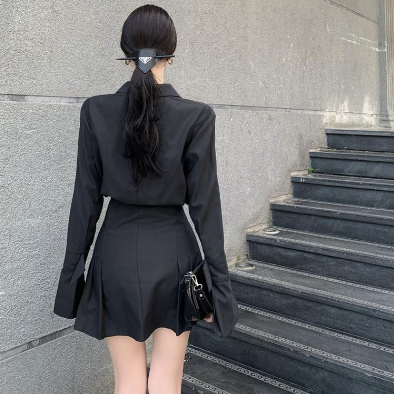 Black Shirt Dress Women Elegant Vintage Long Sleeve Dresses Sexy Gothic Pleated Streetwear Turn-down Collar Casual Robe