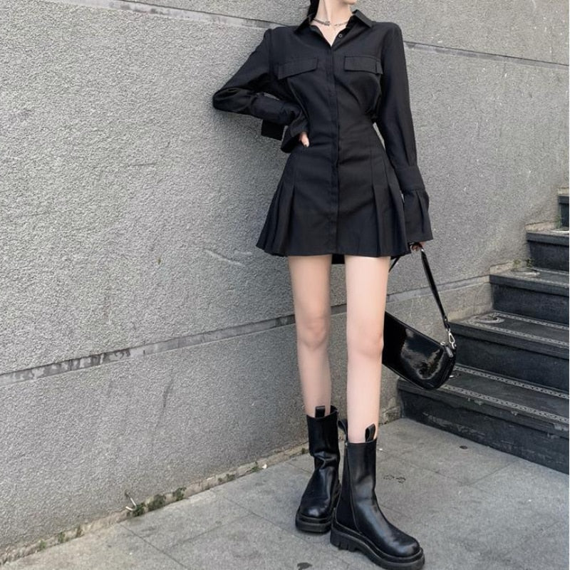 Black Shirt Dress Women Elegant Vintage Long Sleeve Dresses Sexy Gothic Pleated Streetwear Turn-down Collar Casual Robe