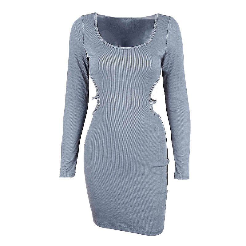 Blue Bodycon Dresses for Women 2023 Spring Fashion Cut Out Lace Up Backless V Neck Long Sleeve Mini Dress