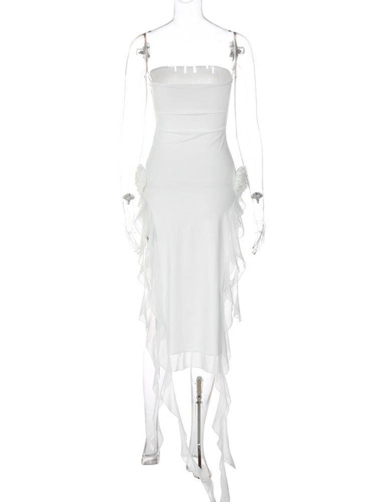 Black Strapless Midi Dress Women Fashion Irregular Ruffles Y2K Fairy Dress Sexy Backless Split Party Club Outfits 2024 Summer