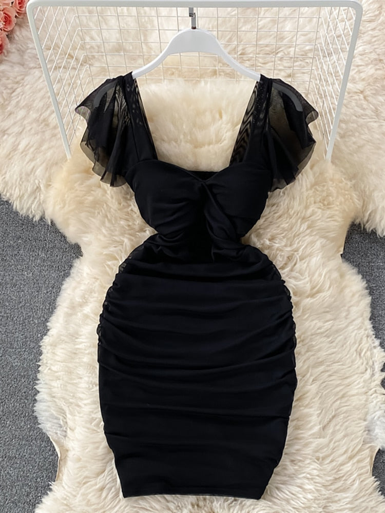 Blue/Khaki/White Sexy Draped Bodycon Dress Women Elegant Square Collar Short Sleeve High Waist Mini Vestidos Party Robe New