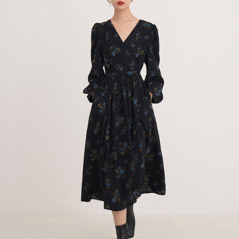 Bohemian Women Dresses Asual Floral Printed Woman Long Dress V-neck Mujer Vestidos Long Sleeve Loose A-Line Dress Elastic Waist