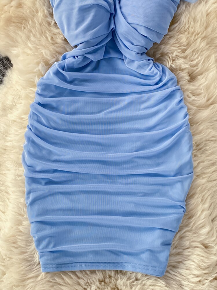 Blue/Khaki/White Sexy Draped Bodycon Dress Women Elegant Square Collar Short Sleeve High Waist Mini Vestidos Party Robe New