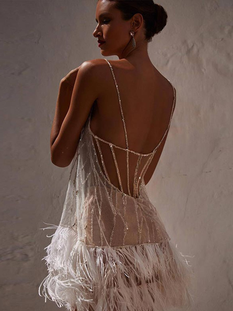 Bling Glitter Tassel Women Mesh Mini Dress Sexy Backless Spaghetti Strap Prom Dress Summer Party Club Elegant Y2K Slim Dresses