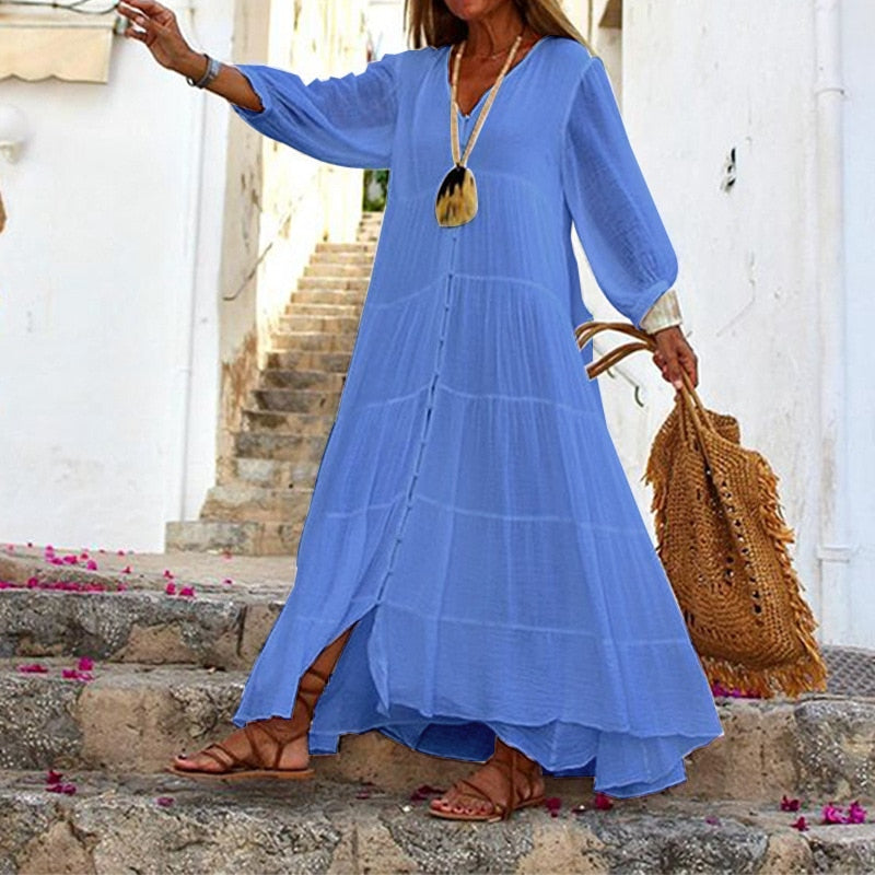 Bohemian Solid V-Neck Loose Dress Spring Autumn Women's Fashion Slim Single breasted Long Sleeve Cotton Hemp Ruffle Dresses