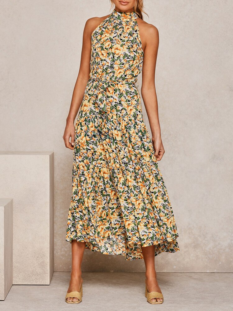 Boho Dress Women Summer Sleeveless Bohemian Halter Long Dress Ladies Vacation Holiday Party Beach Maxi Dress Vestidos De Mujer