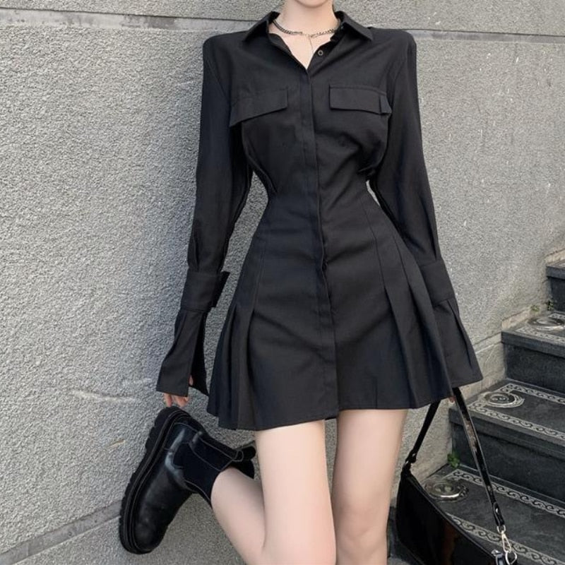 Black Shirt Dress Women Elegant Vintage Long Sleeve Dresses Sexy Gothic Pleated Streetwear Turn-down Collar Casual Robe