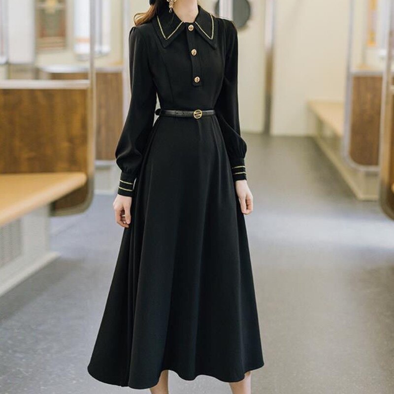 Casual Clothes Long Sleeve Strap Midi Black Vintage Dress
