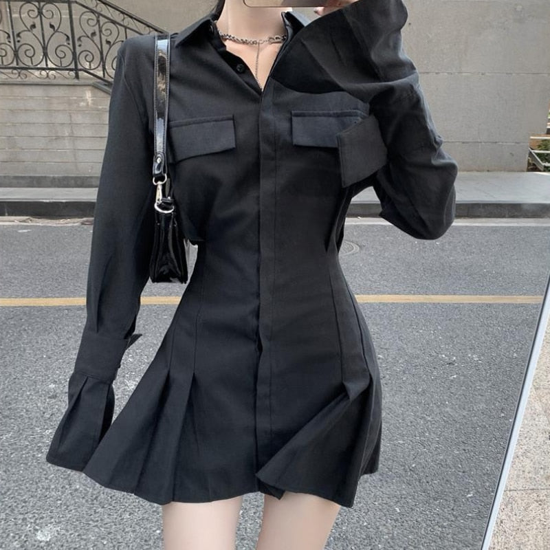 Black Shirt Dress Women Elegant Vintage Long Sleeve Dresses Sexy Gothic Pleated Streetwear Turn-down Collar Casual Robe