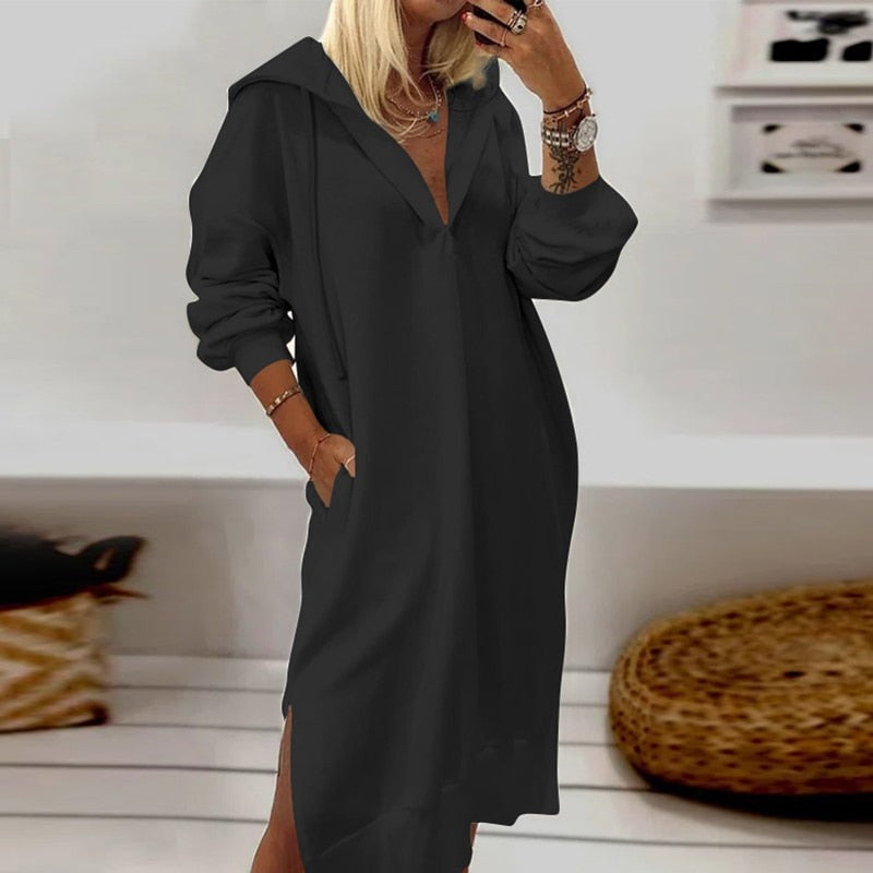 Casual Loose Side Split Hooded Pullover Dress