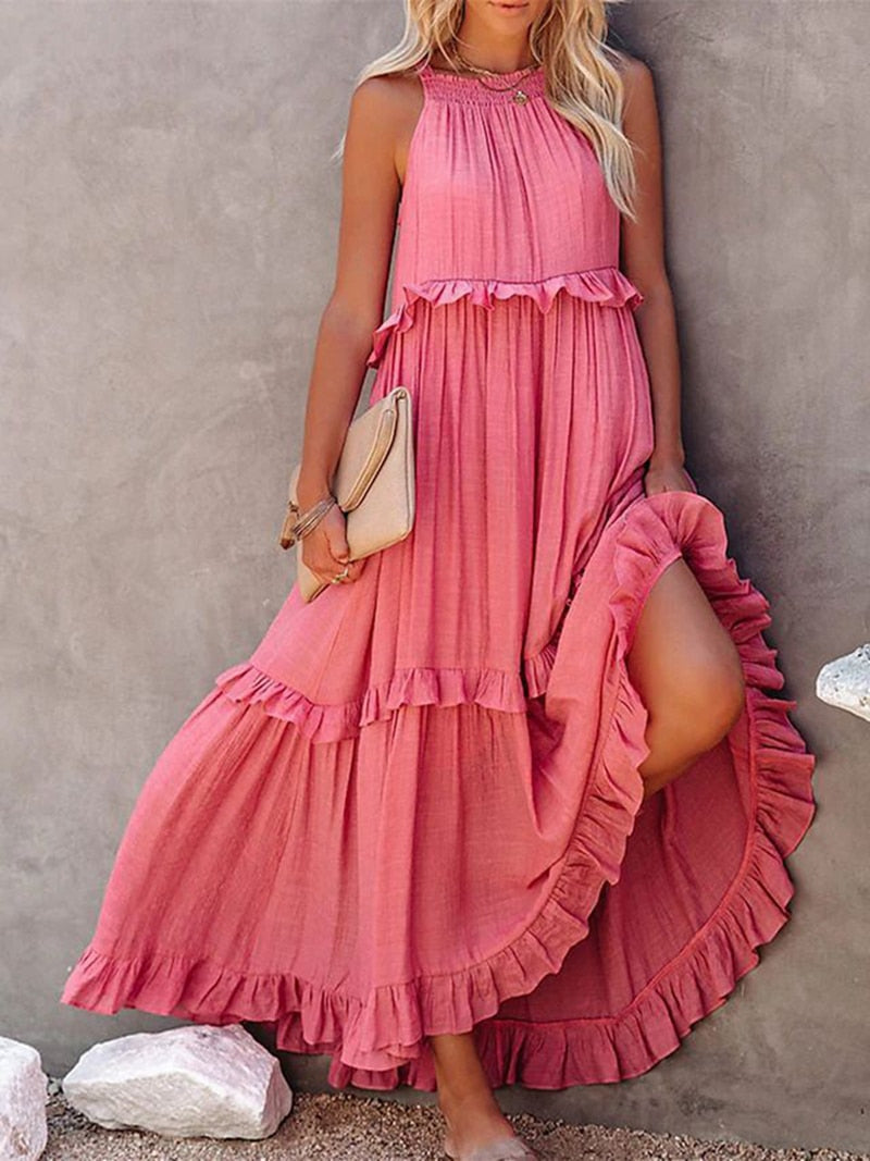 Casual Elegant Ruffle Halter Sleeveless Female Party Outfits Beach Maxi Dress