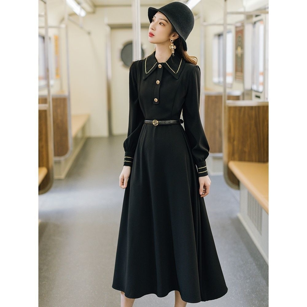 Casual Clothes Long Sleeve Strap Midi Black Vintage Dress