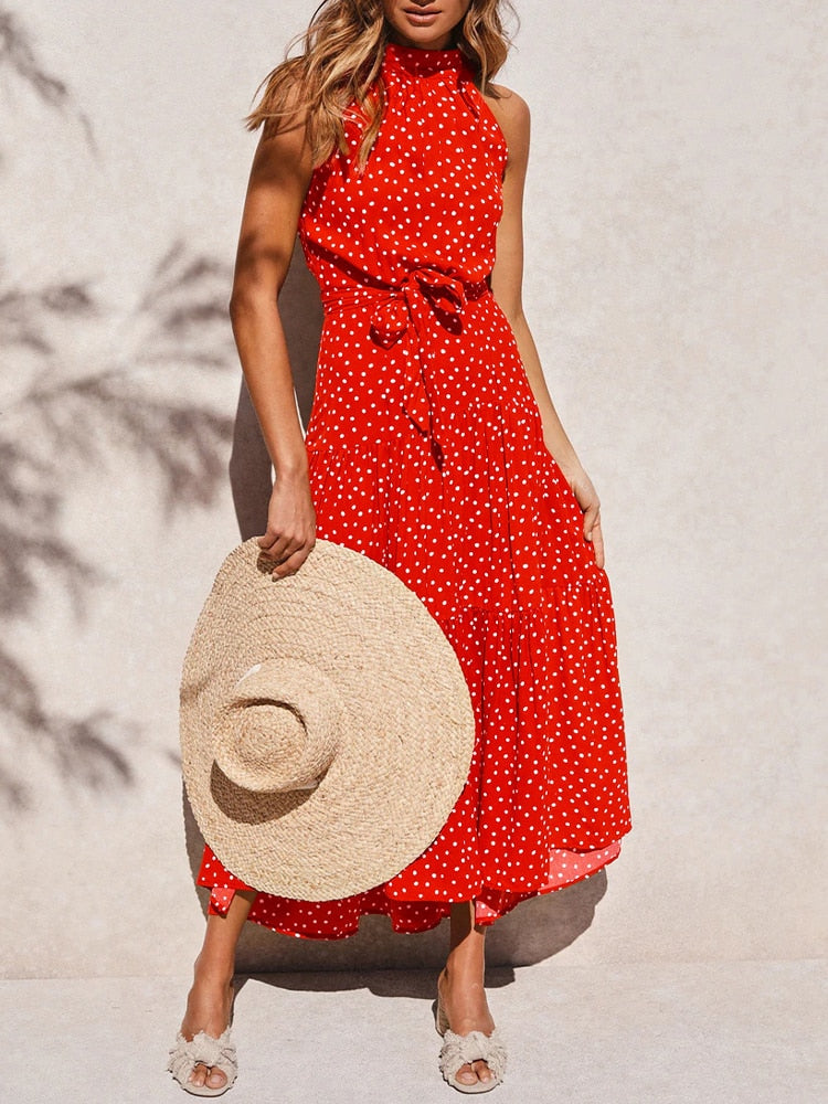 Boho Dress Women Summer Sleeveless Bohemian Halter Long Dress Ladies Vacation Holiday Party Beach Maxi Dress Vestidos De Mujer