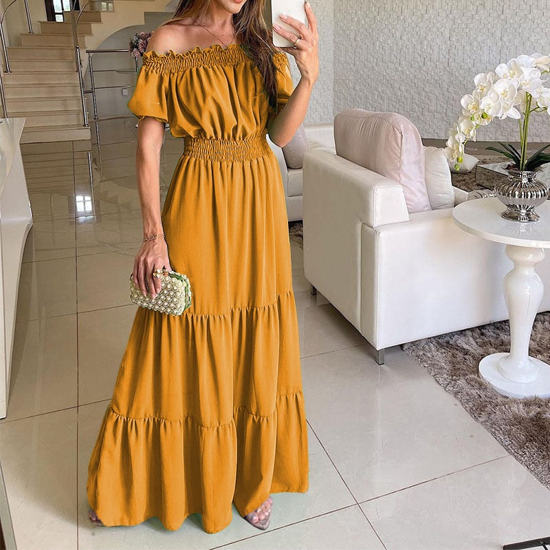 Casual Elegant Ruffle Halter Sleeveless Female Party Outfits Beach Maxi Dress