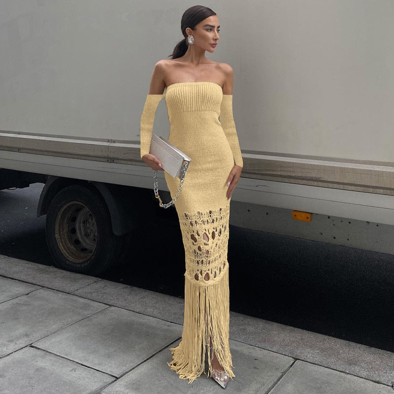 Bodyocn Maxi Dress for Women Elegant Sexy Strapless Christmas Party Dress Autumn Long Sleeve Tassel Knitted Sweater Dress