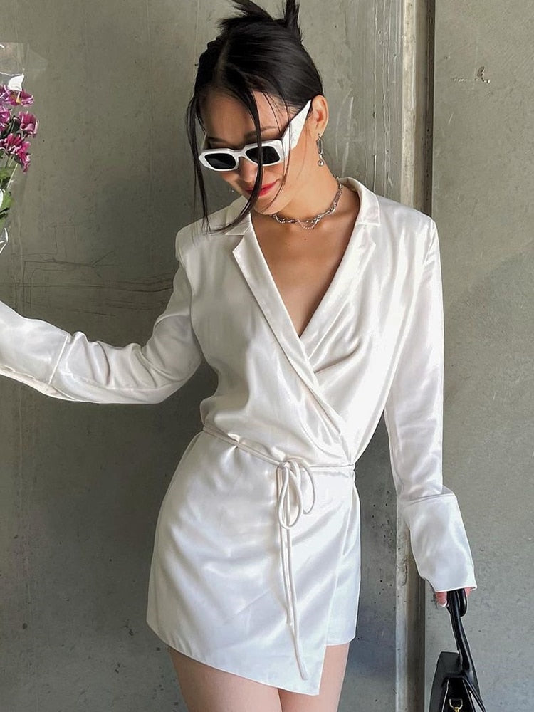 Black Satin V-Neck Shirt Dress Women 2023 Spring Flare Sleeve Lace Up Mini Dresses Elegant Ladies Party Vestidos