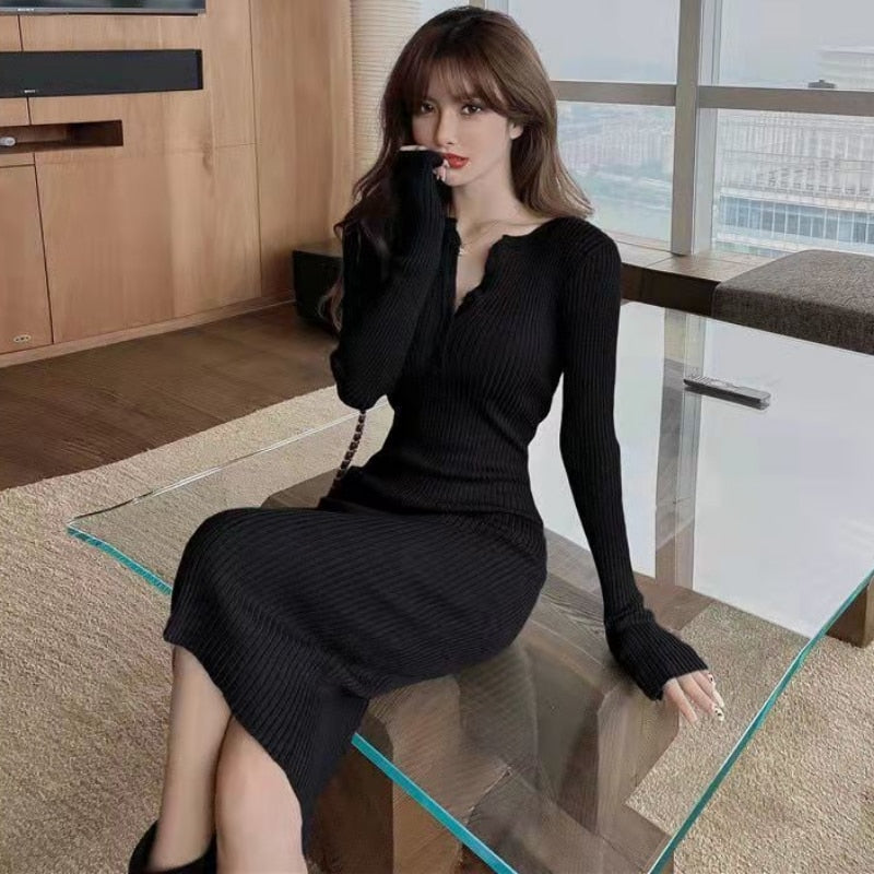Black Sexy Female Knit Dress Winter Autumn Wrap Midi Green Bodycon 2023 Fashion Sweater Dresses Woman Vintage Korean Mini Short