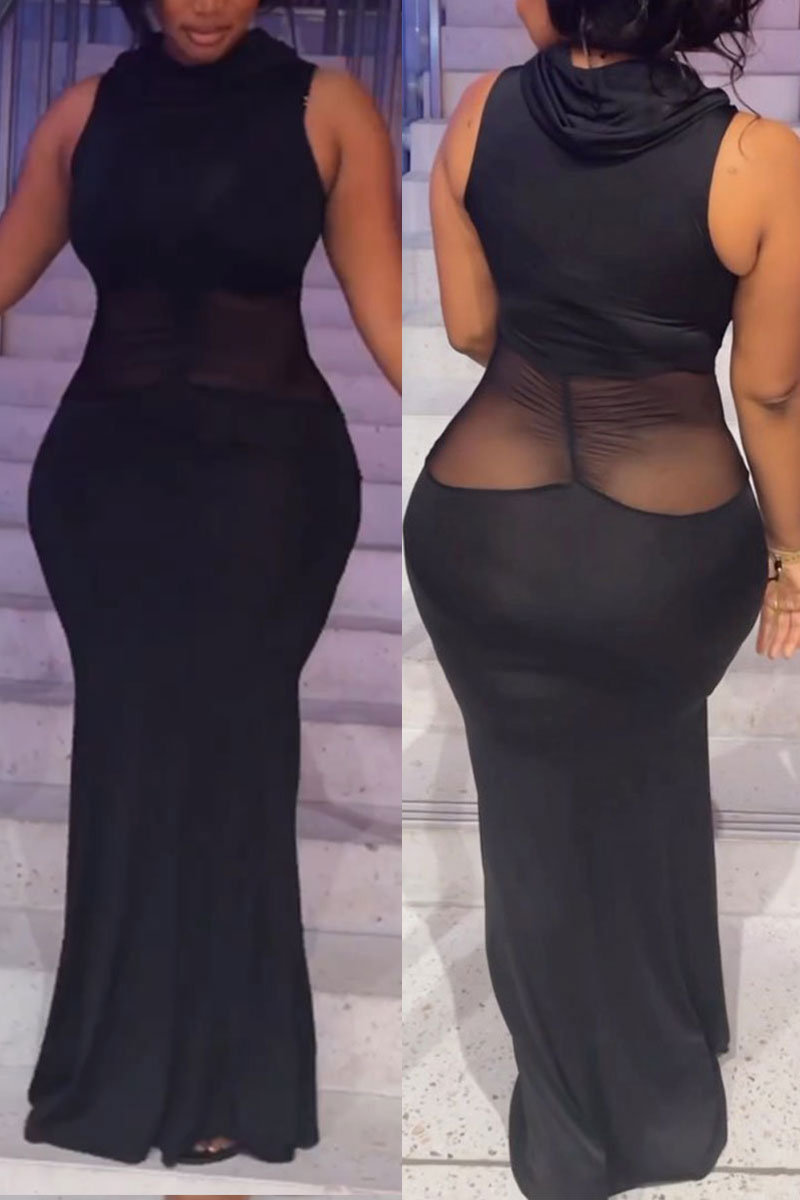 Blue Sexy Daily Party Elegant Simplicity Patchwork See-through Mesh Half A Turtleneck Sleeveless Dress Dresses