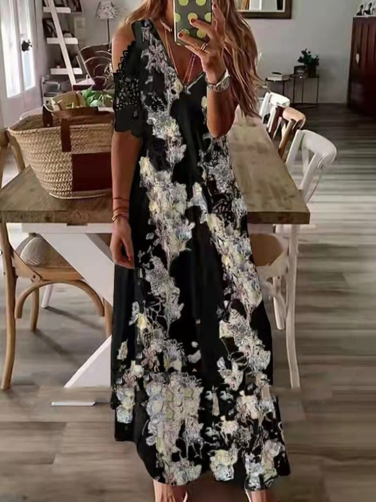 Boho Floral Lace Hollow Shoulder Maxi Dress