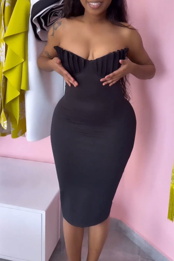 Black Sexy Daily Party Elegant Fold Solid Color Strapless Dresses