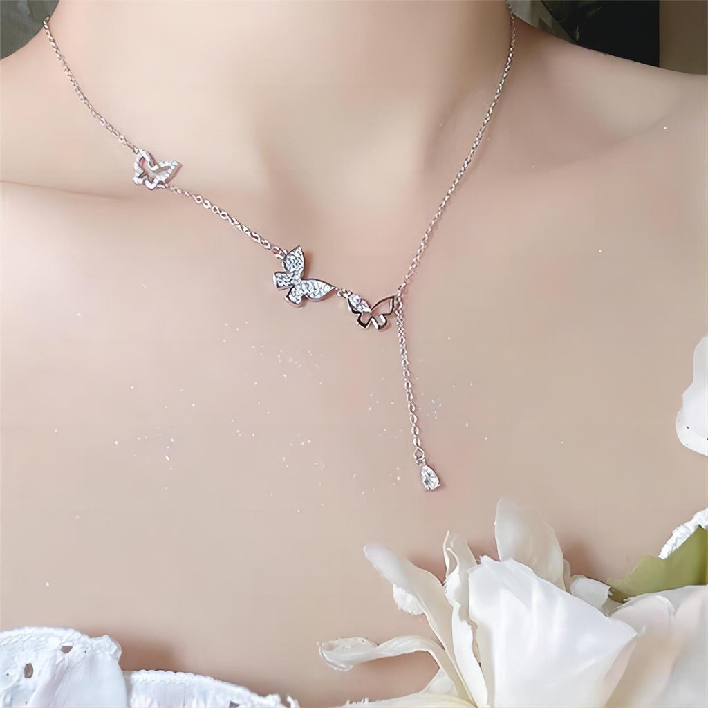 Dainty CZ Inlaid Hollowed-out Trio Butterfly Necklace
