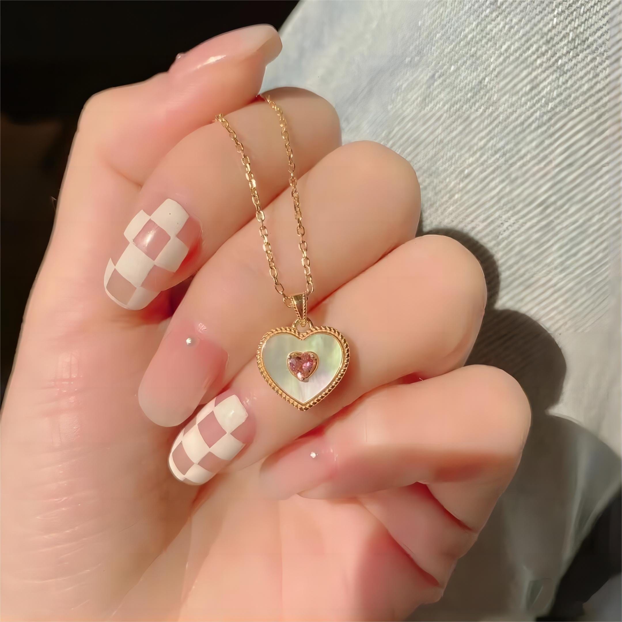 Dainty CZ Inlaid Natural Shell Heart Pendant Necklace