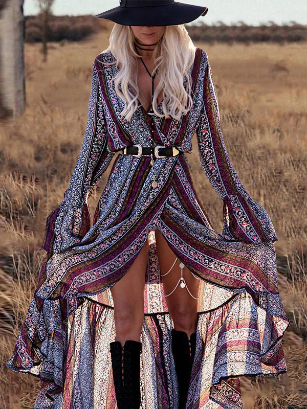 Bohemian Print V Neck Bell Sleeve Maxi Dress